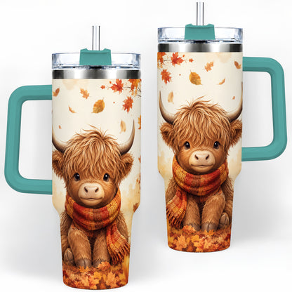 #pl[40oz|Green] Autumn Highland Cow 40oz Tumbler, Fall Leaf Animal Artwork for Daily Use
