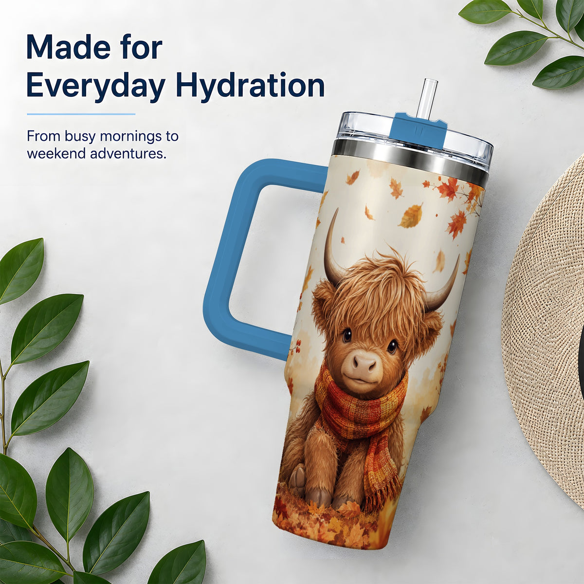 #pl[40oz|Blue] Autumn Highland Cow 40oz Tumbler, Fall Leaf Animal Artwork for Daily Use
