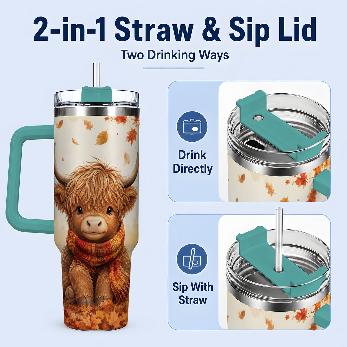 #pl[40oz|Green] Autumn Highland Cow 40oz Tumbler, Fall Leaf Animal Artwork for Daily Use