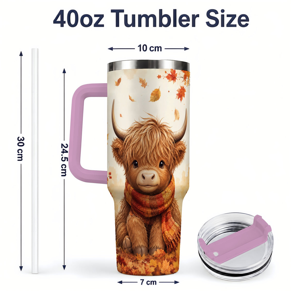 #pl[40oz|Pink] Autumn Highland Cow 40oz Tumbler, Fall Leaf Animal Artwork for Daily Use