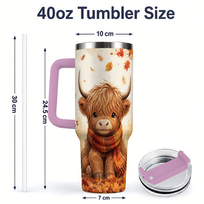 #pl[40oz|Pink] Autumn Highland Cow 40oz Tumbler, Fall Leaf Animal Artwork for Daily Use