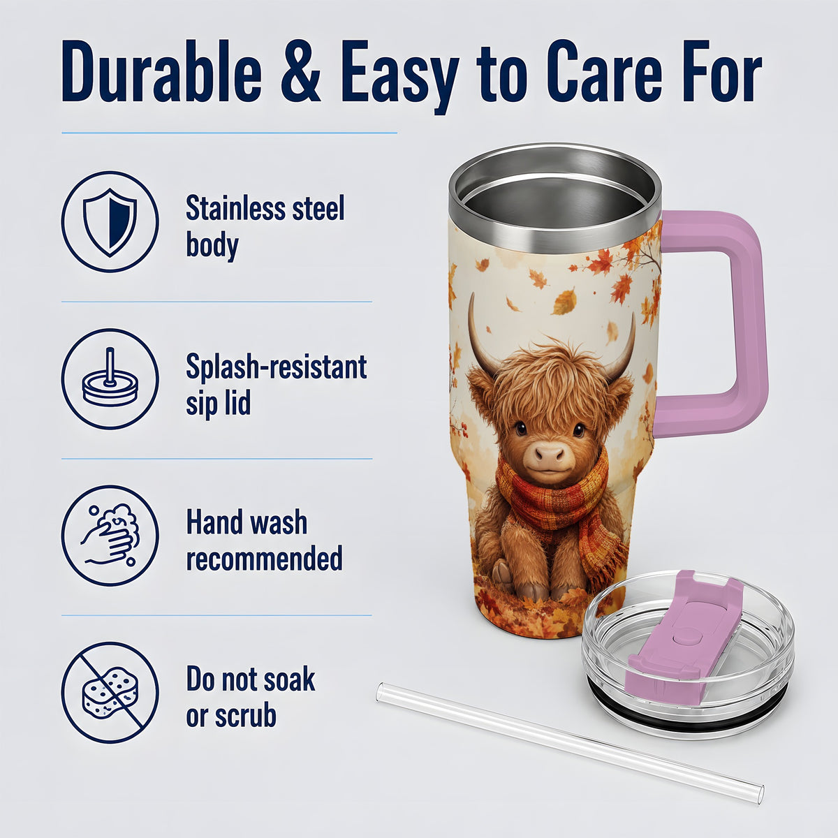 #pl[40oz|Pink] Autumn Highland Cow 40oz Tumbler, Fall Leaf Animal Artwork for Daily Use