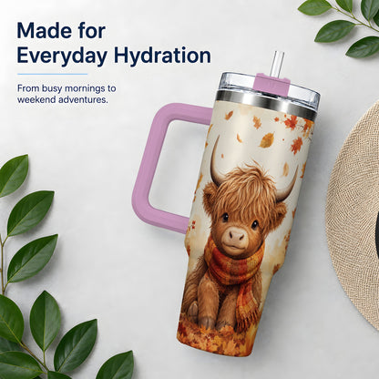 #pl[40oz|Pink] Autumn Highland Cow 40oz Tumbler, Fall Leaf Animal Artwork for Daily Use
