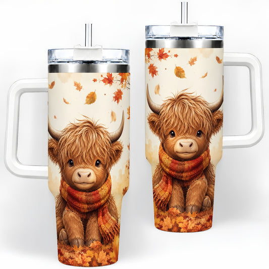 Autumn Highland Cow 40oz Tumbler, Fall Leaf Animal Artwork for Daily Use