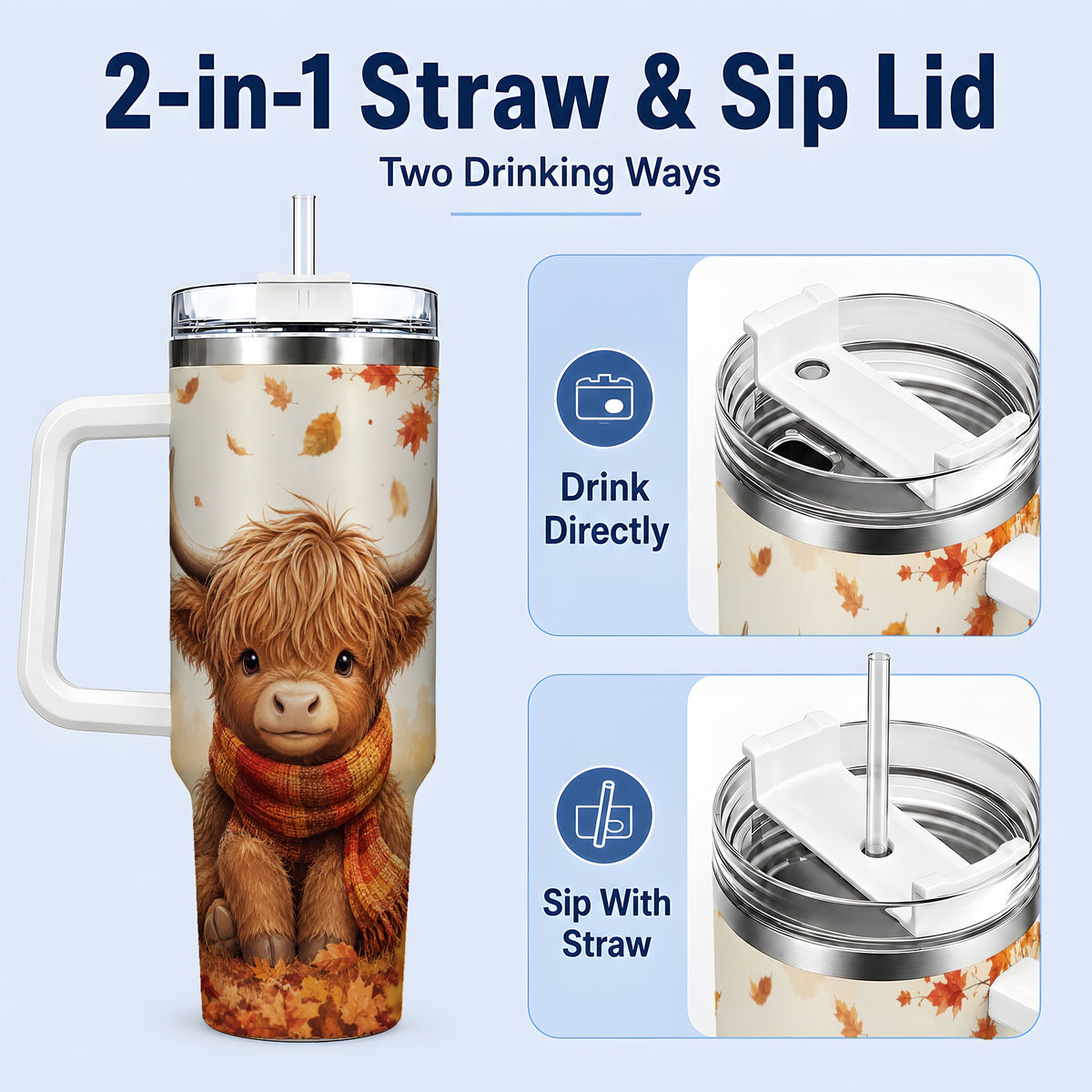 #pl[40oz|White] Autumn Highland Cow 40oz Tumbler, Fall Leaf Animal Artwork for Daily Use