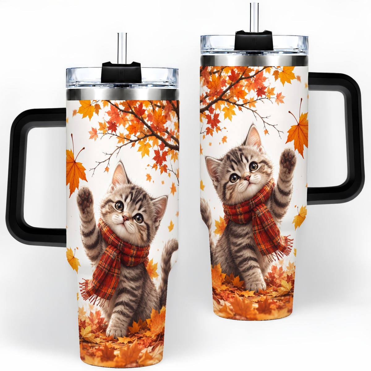 #pl[40oz|Black] Autumn Kitten 40oz Tumbler, Fall Foliage Cat Artwork for Daily Use