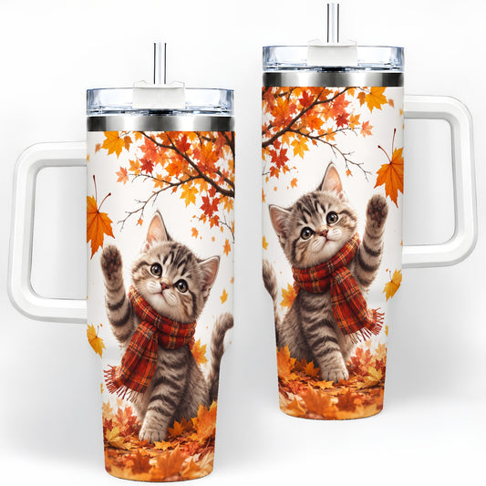 Autumn Kitten 40oz Tumbler, Fall Foliage Cat Artwork for Daily Use