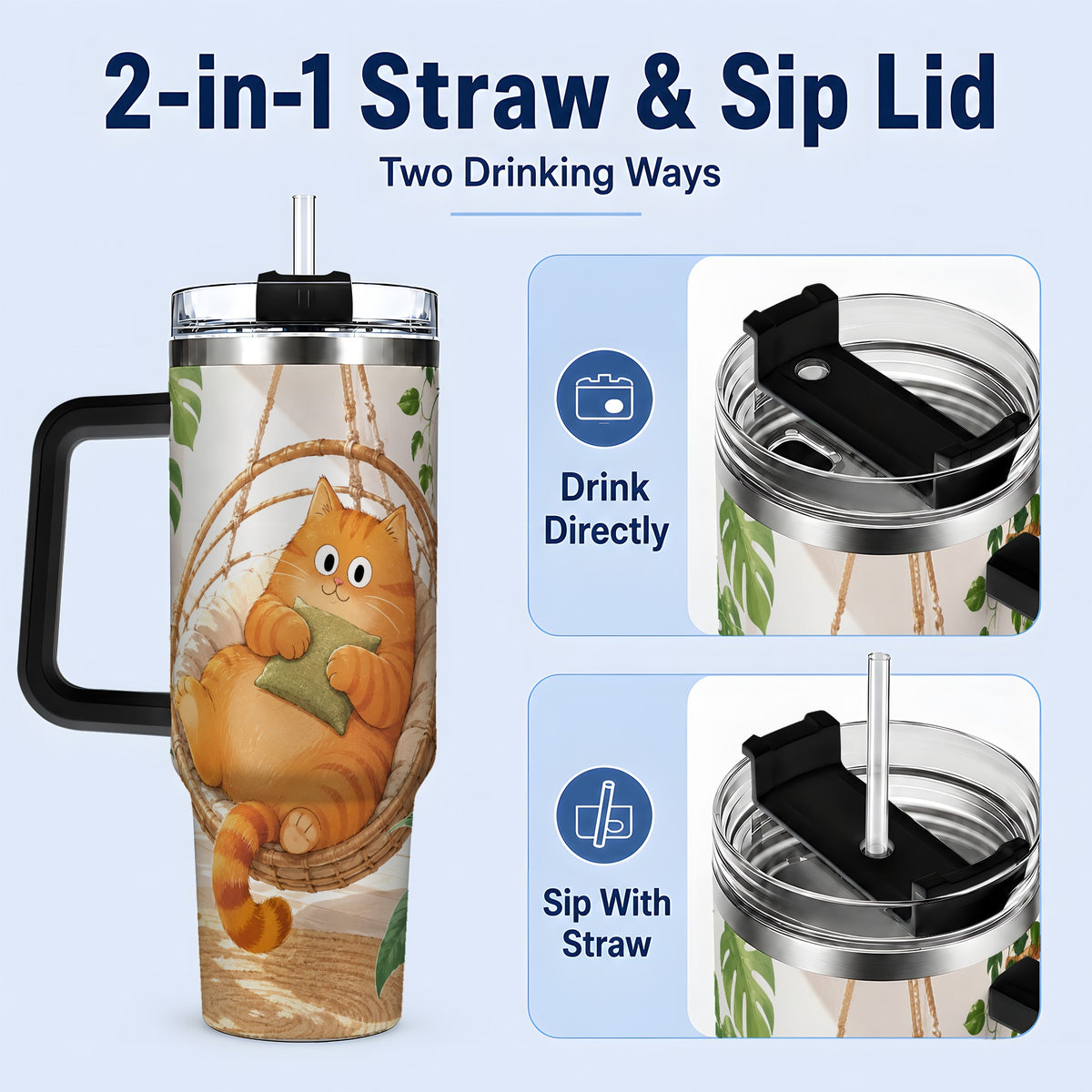 #pl[40oz|Black] Cozy Orange Cat 40oz Tumbler, Houseplant Artwork for Everyday Use