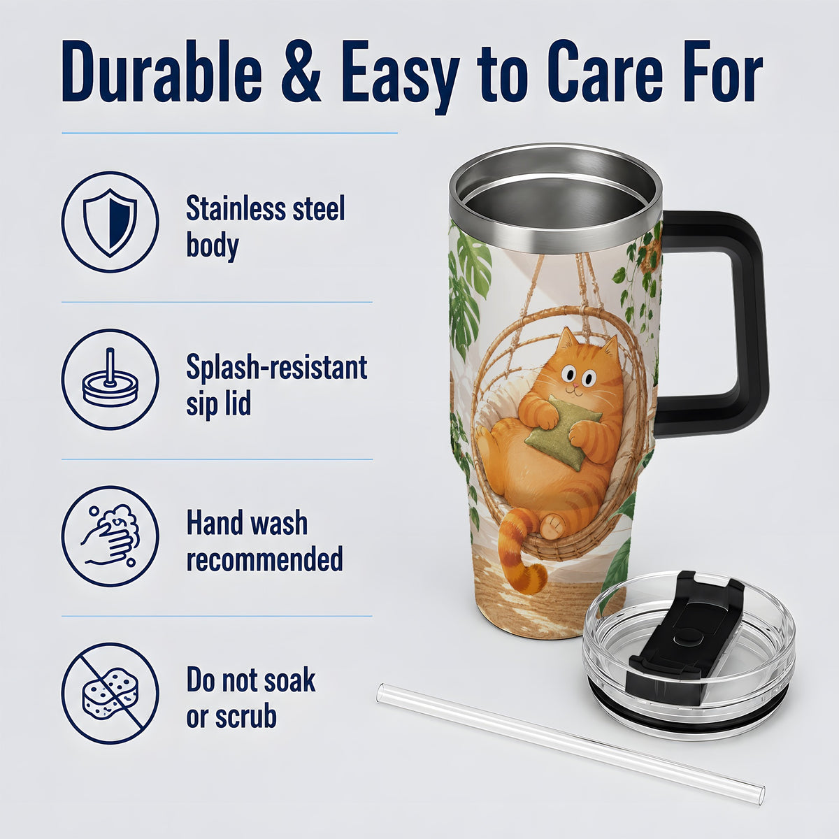 #pl[40oz|Black] Cozy Orange Cat 40oz Tumbler, Houseplant Artwork for Everyday Use