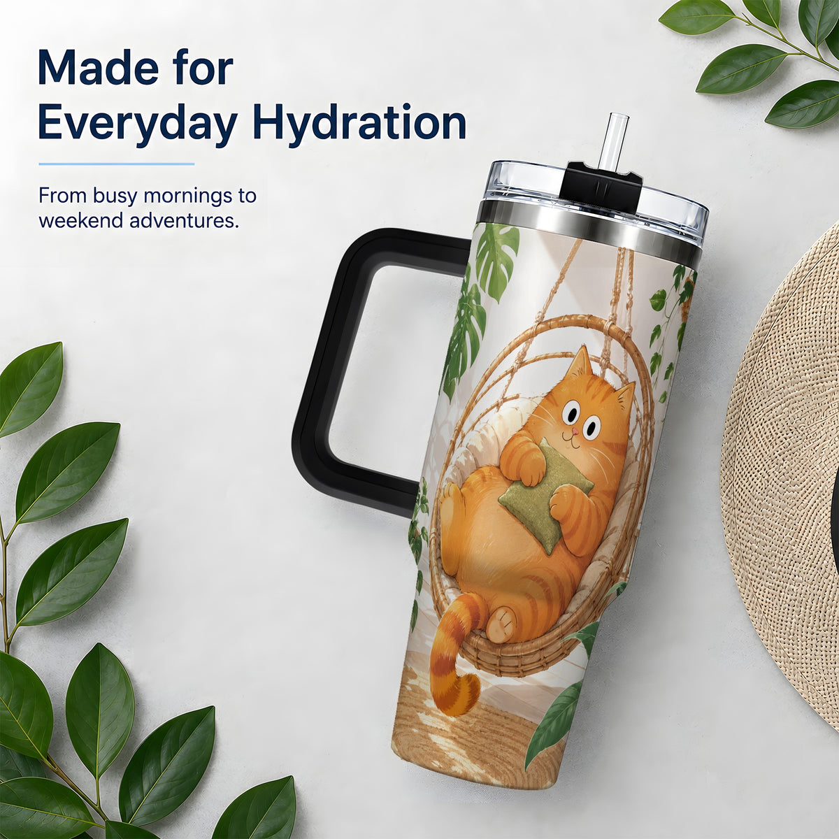 #pl[40oz|Black] Cozy Orange Cat 40oz Tumbler, Houseplant Artwork for Everyday Use