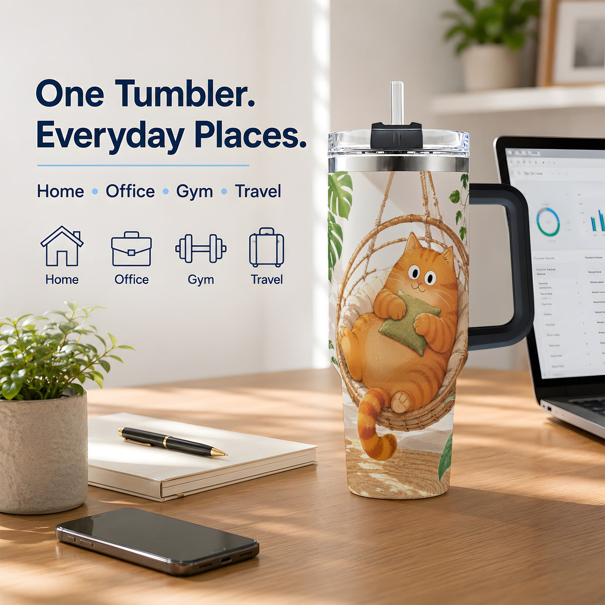#pl[40oz|Black] Cozy Orange Cat 40oz Tumbler, Houseplant Artwork for Everyday Use