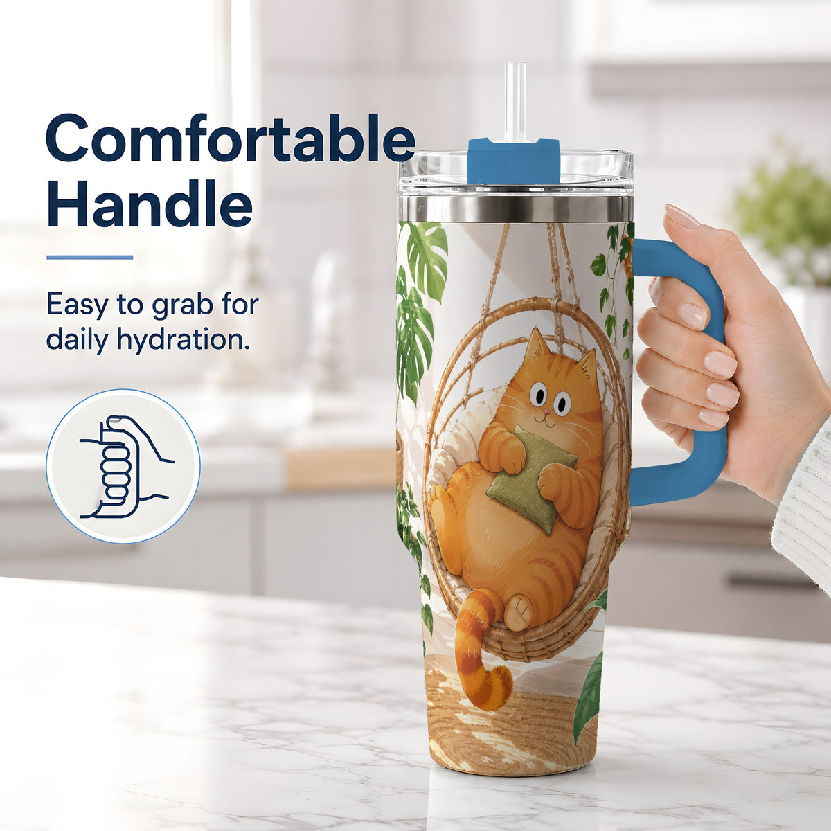 #pl[40oz|Blue] Cozy Orange Cat 40oz Tumbler, Houseplant Artwork for Everyday Use