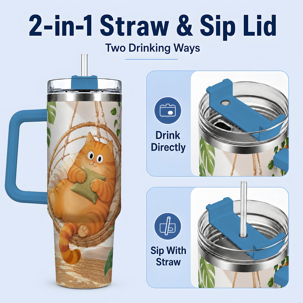#pl[40oz|Blue] Cozy Orange Cat 40oz Tumbler, Houseplant Artwork for Everyday Use