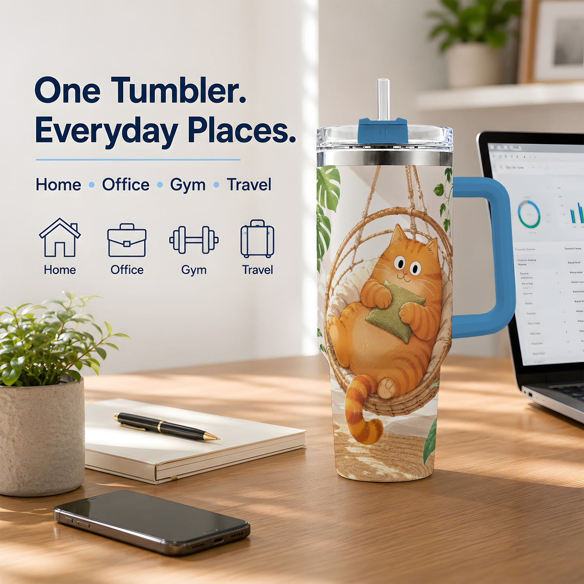 #pl[40oz|Blue] Cozy Orange Cat 40oz Tumbler, Houseplant Artwork for Everyday Use