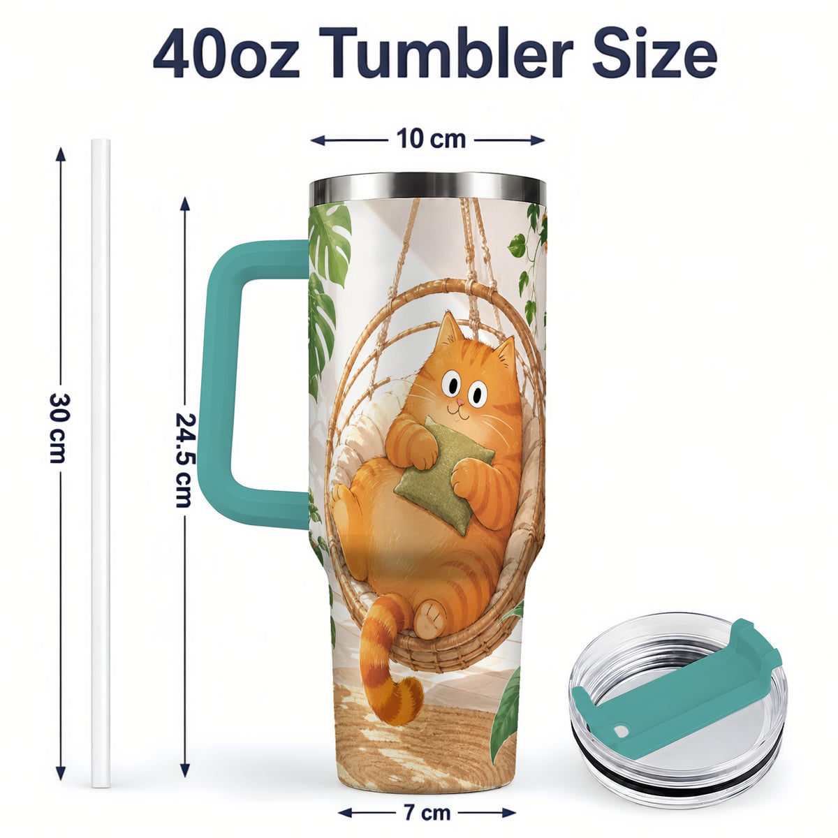 #pl[40oz|Green] Cozy Orange Cat 40oz Tumbler, Houseplant Artwork for Everyday Use