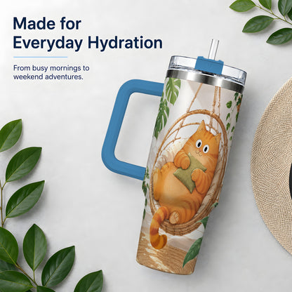 #pl[40oz|Blue] Cozy Orange Cat 40oz Tumbler, Houseplant Artwork for Everyday Use