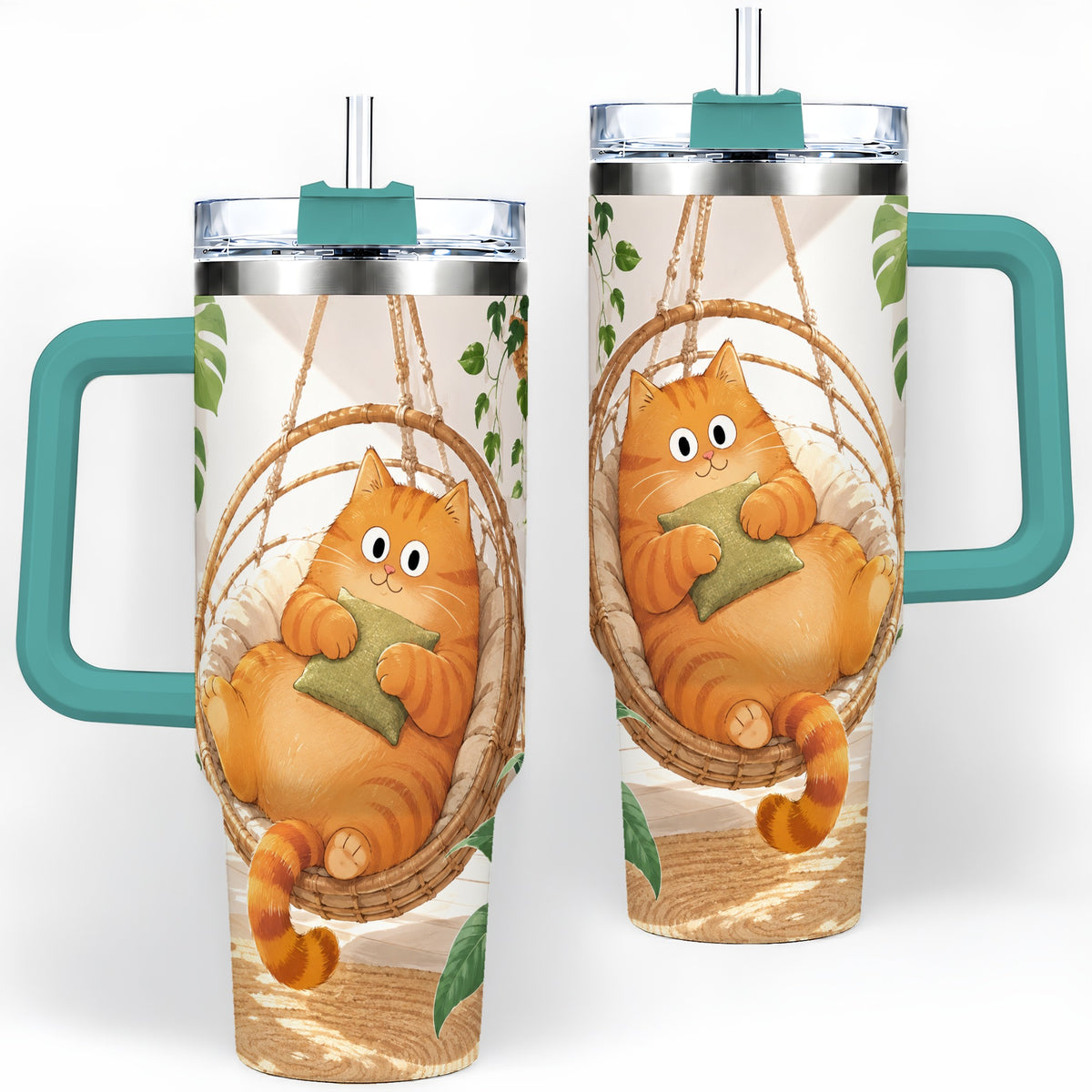 #pl[40oz|Green] Cozy Orange Cat 40oz Tumbler, Houseplant Artwork for Everyday Use