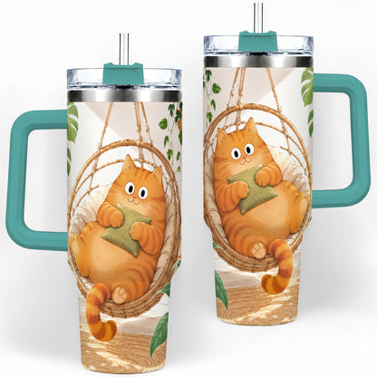 #pl[40oz|Green] Cozy Orange Cat 40oz Tumbler, Houseplant Artwork for Everyday Use