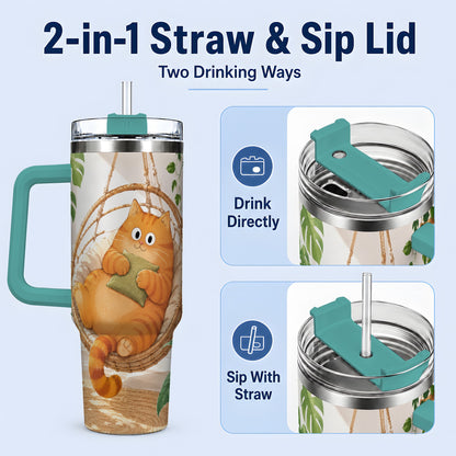 #pl[40oz|Green] Cozy Orange Cat 40oz Tumbler, Houseplant Artwork for Everyday Use