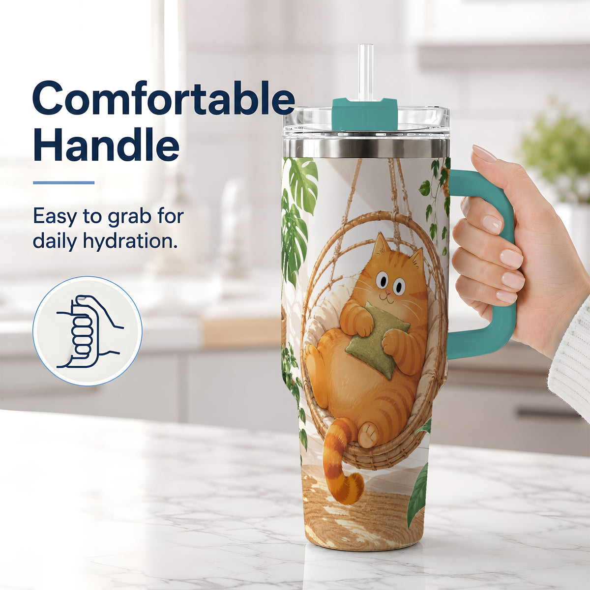 #pl[40oz|Green] Cozy Orange Cat 40oz Tumbler, Houseplant Artwork for Everyday Use