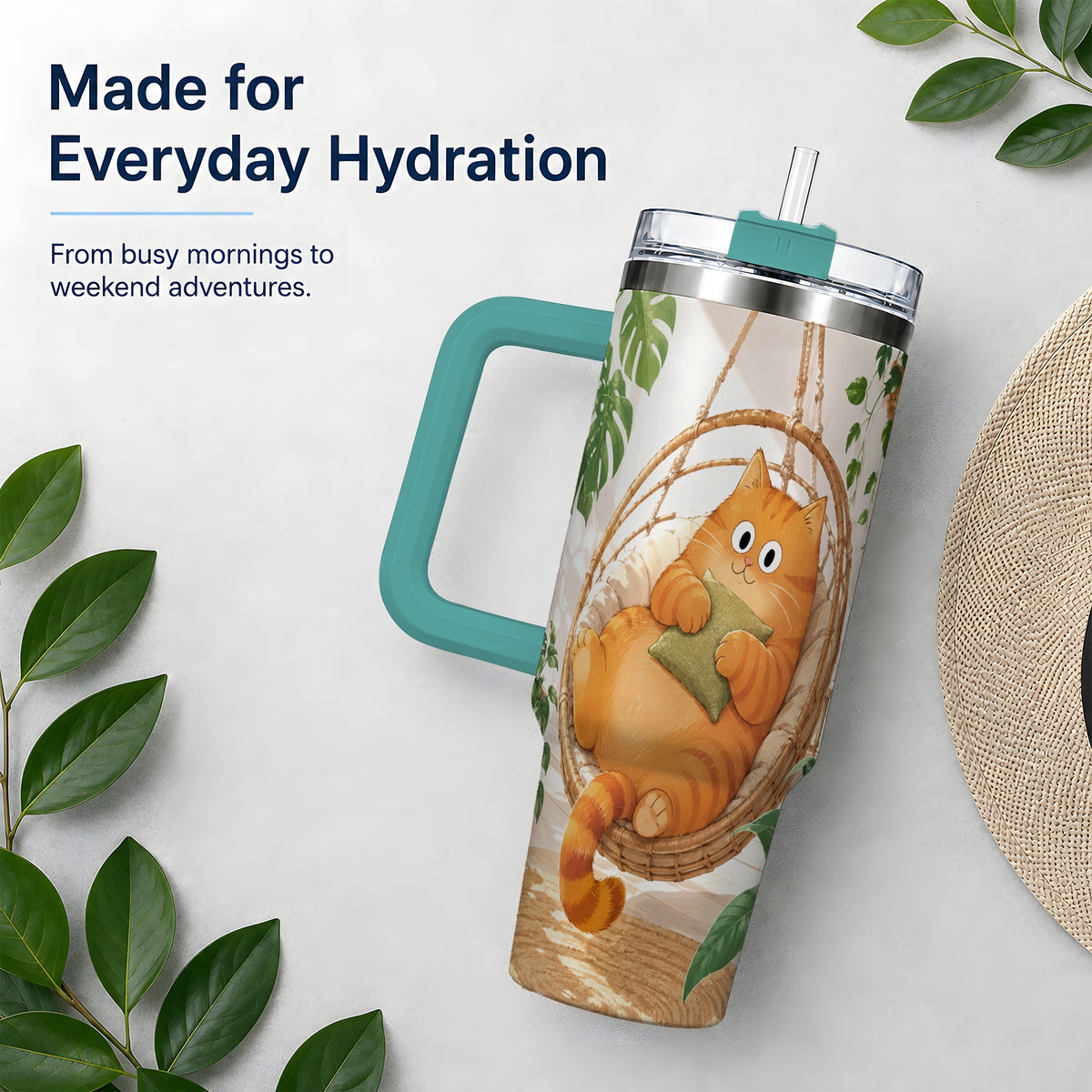 #pl[40oz|Green] Cozy Orange Cat 40oz Tumbler, Houseplant Artwork for Everyday Use