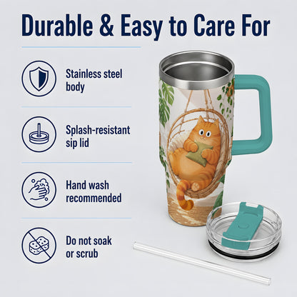 #pl[40oz|Green] Cozy Orange Cat 40oz Tumbler, Houseplant Artwork for Everyday Use