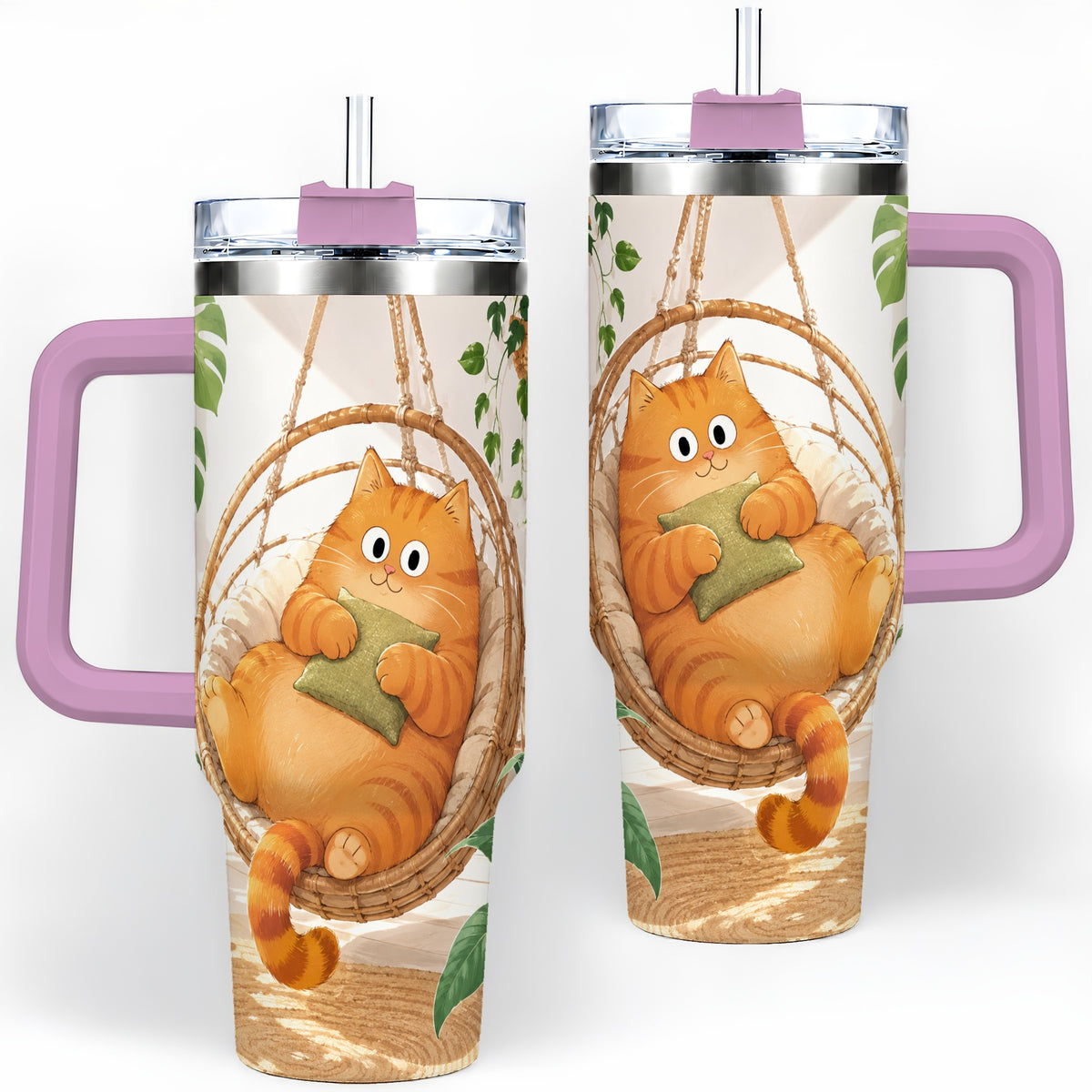 #pl[40oz|Pink] Cozy Orange Cat 40oz Tumbler, Houseplant Artwork for Everyday Use