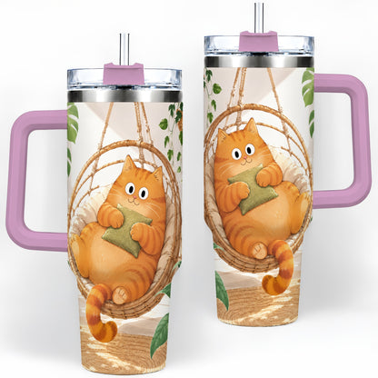 #pl[40oz|Pink] Cozy Orange Cat 40oz Tumbler, Houseplant Artwork for Everyday Use