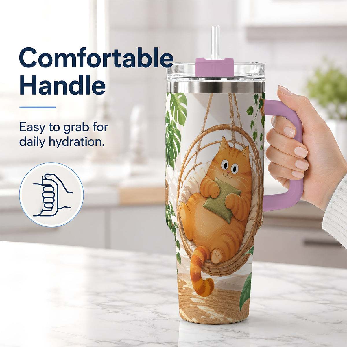 #pl[40oz|Pink] Cozy Orange Cat 40oz Tumbler, Houseplant Artwork for Everyday Use