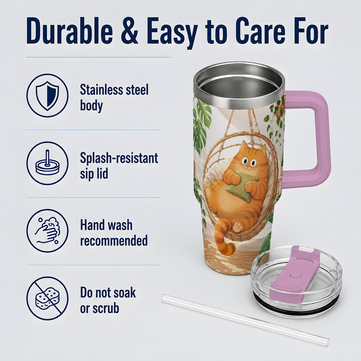 #pl[40oz|Pink] Cozy Orange Cat 40oz Tumbler, Houseplant Artwork for Everyday Use