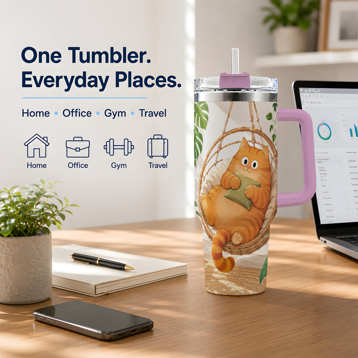 #pl[40oz|Pink] Cozy Orange Cat 40oz Tumbler, Houseplant Artwork for Everyday Use
