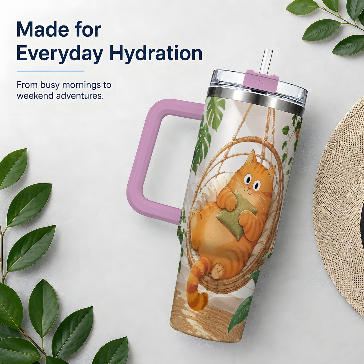 #pl[40oz|Pink] Cozy Orange Cat 40oz Tumbler, Houseplant Artwork for Everyday Use