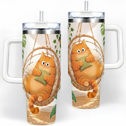 Cozy Orange Cat 40oz Tumbler, Houseplant Artwork for Everyday Use