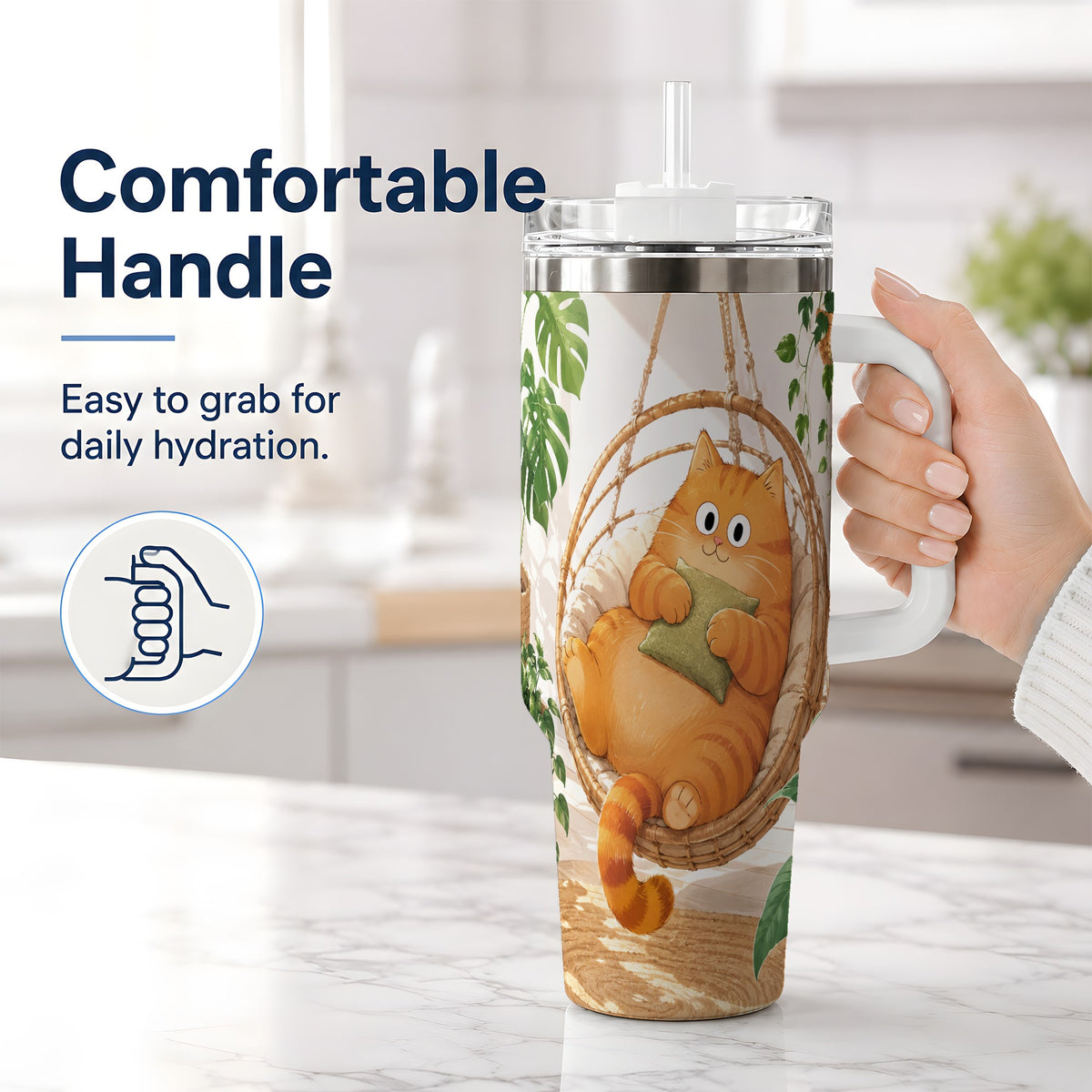 #pl[40oz|White] Cozy Orange Cat 40oz Tumbler, Houseplant Artwork for Everyday Use