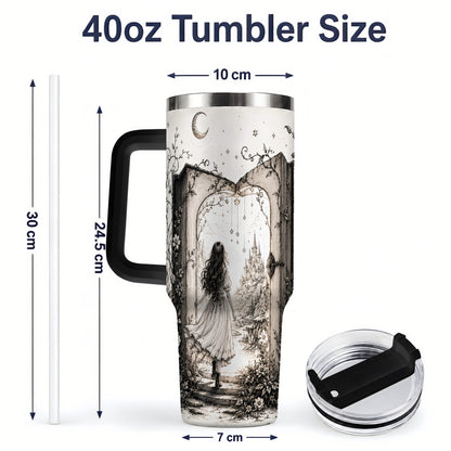 #pl[40oz|Black] Fantasy Storybook Art 40oz Tumbler, Enchanted Castle Scene for Readers