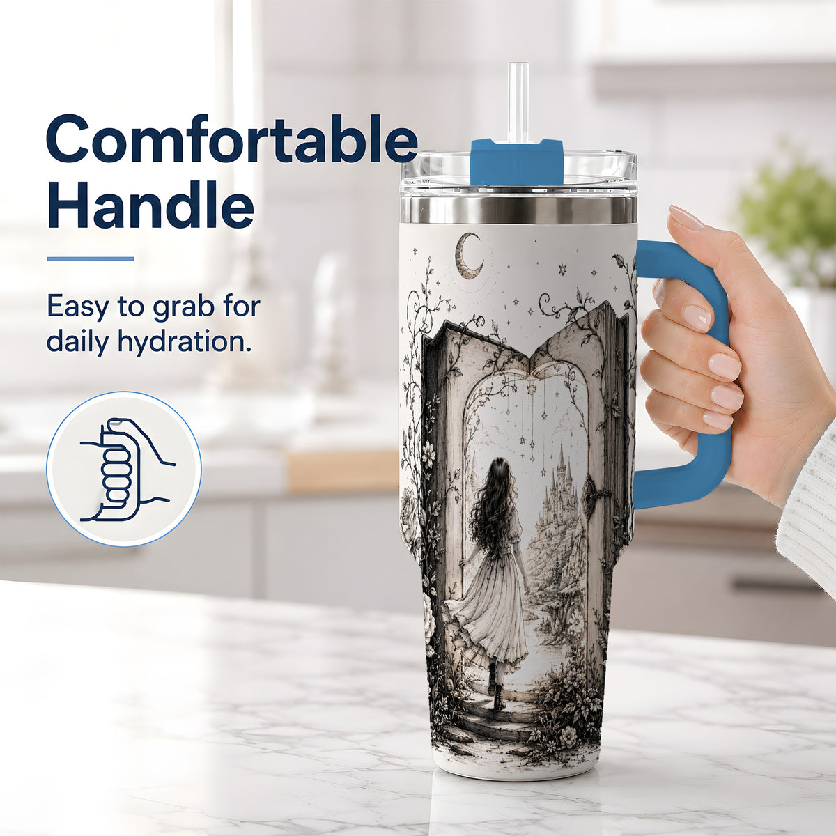#pl[40oz|Blue] Fantasy Storybook Art 40oz Tumbler, Enchanted Castle Scene for Readers