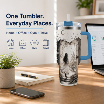 #pl[40oz|Blue] Fantasy Storybook Art 40oz Tumbler, Enchanted Castle Scene for Readers
