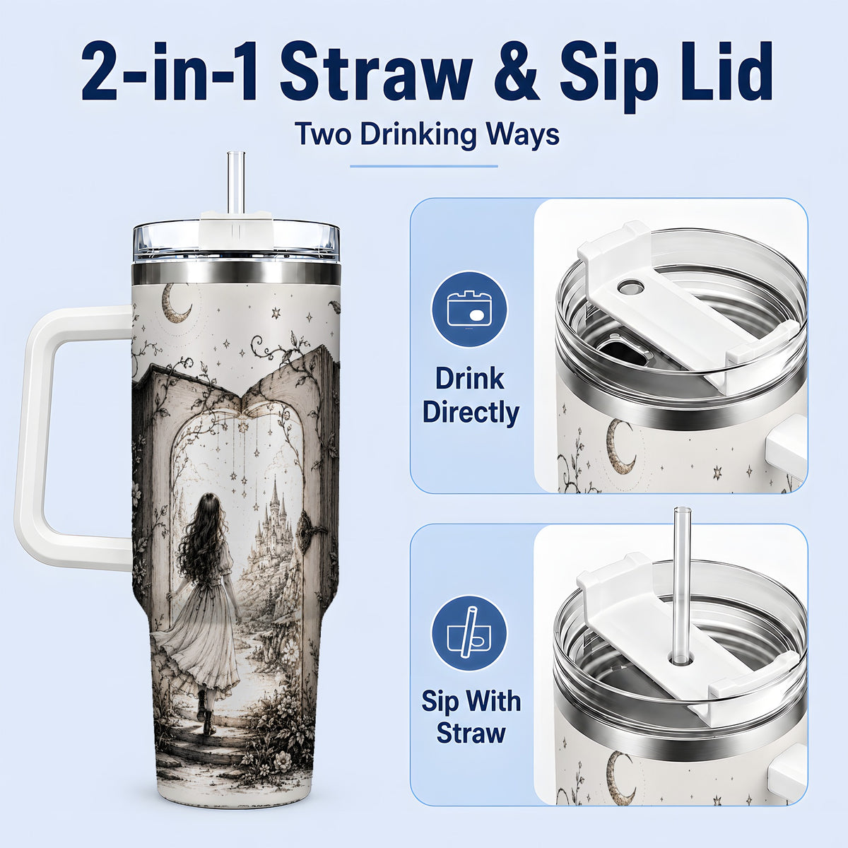 #pl[40oz|White] Fantasy Storybook Art 40oz Tumbler, Enchanted Castle Scene for Readers