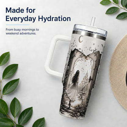 #pl[40oz|White] Fantasy Storybook Art 40oz Tumbler, Enchanted Castle Scene for Readers