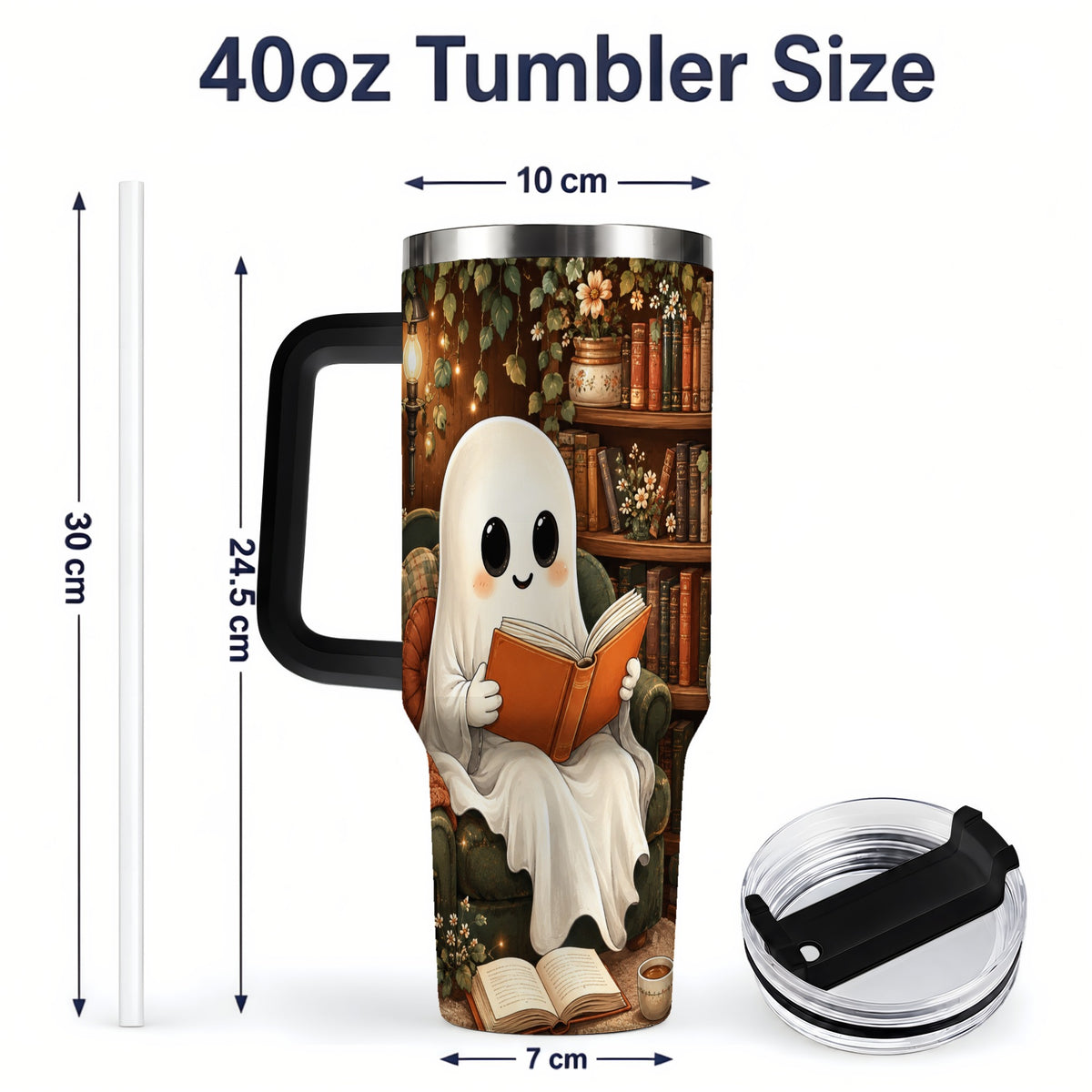 #pl[40oz|Black] Cozy Reading Ghost 40oz Tumbler, Vintage Library Art for Book Lovers