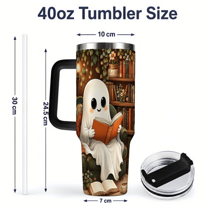 #pl[40oz|Black] Cozy Reading Ghost 40oz Tumbler, Vintage Library Art for Book Lovers