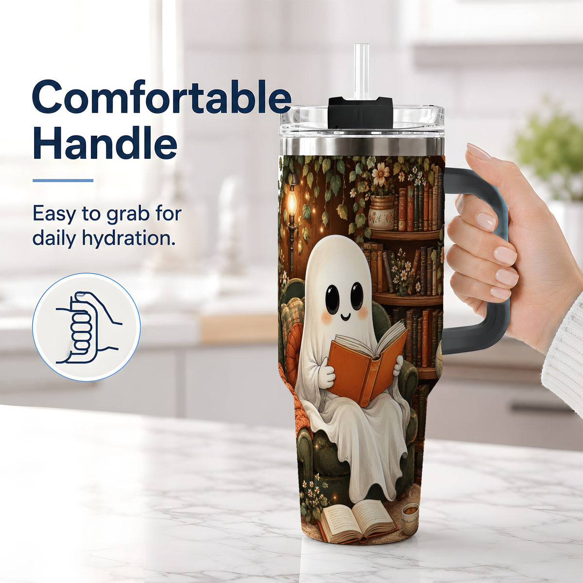 #pl[40oz|Black] Cozy Reading Ghost 40oz Tumbler, Vintage Library Art for Book Lovers