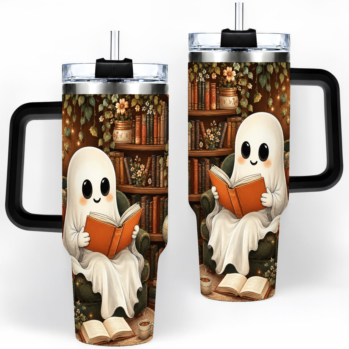 #pl[40oz|Black] Cozy Reading Ghost 40oz Tumbler, Vintage Library Art for Book Lovers