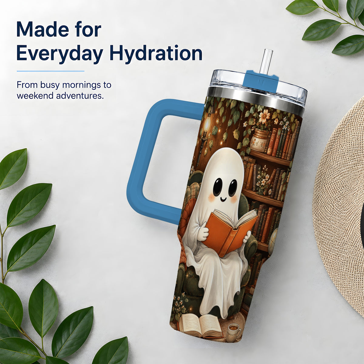 #pl[40oz|Blue] Cozy Reading Ghost 40oz Tumbler, Vintage Library Art for Book Lovers