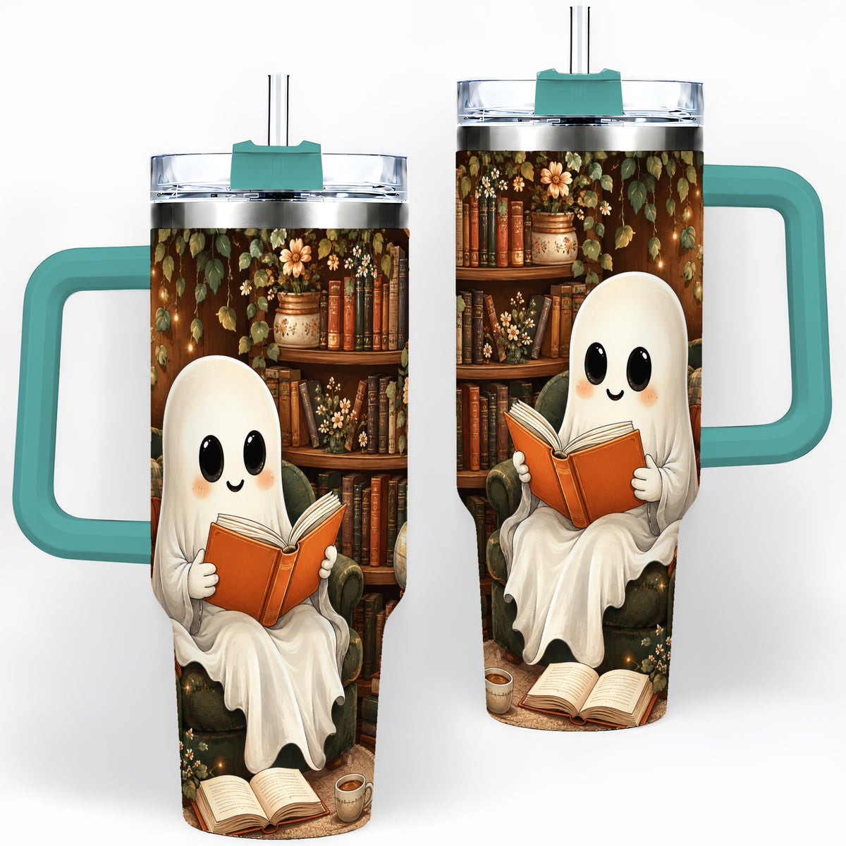 #pl[40oz|Green] Cozy Reading Ghost 40oz Tumbler, Vintage Library Art for Book Lovers