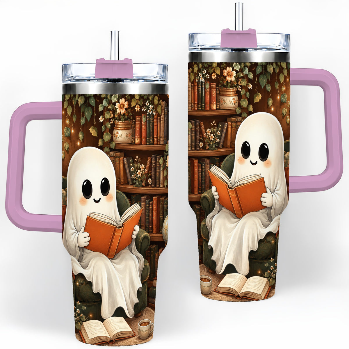 #pl[40oz|Pink] Cozy Reading Ghost 40oz Tumbler, Vintage Library Art for Book Lovers