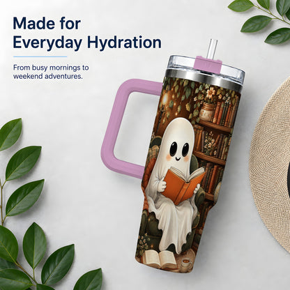 #pl[40oz|Pink] Cozy Reading Ghost 40oz Tumbler, Vintage Library Art for Book Lovers