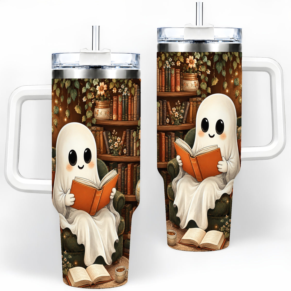 Cozy Reading Ghost 40oz Tumbler, Vintage Library Art for Book Lovers