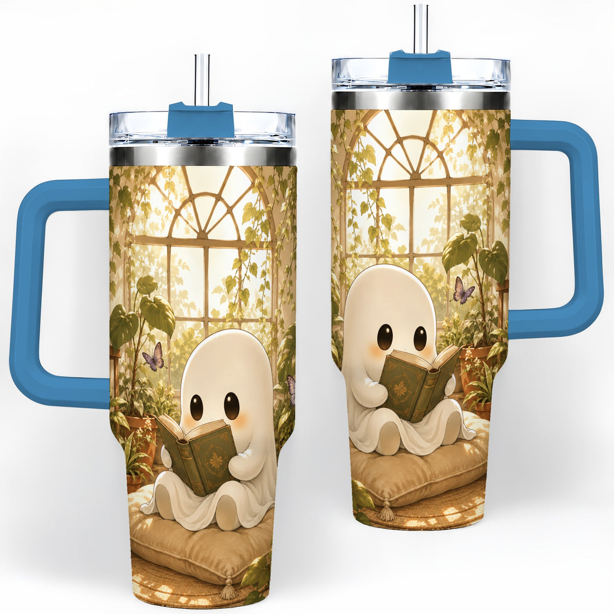 #pl[40oz|Blue] Botanical Reading Ghost 40oz Tumbler, Garden Book Art for Readers