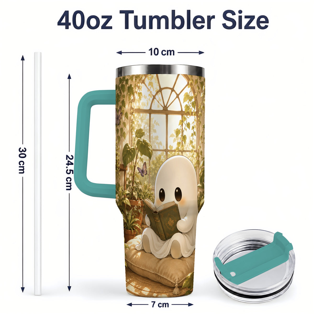 #pl[40oz|Green] Botanical Reading Ghost 40oz Tumbler, Garden Book Art for Readers